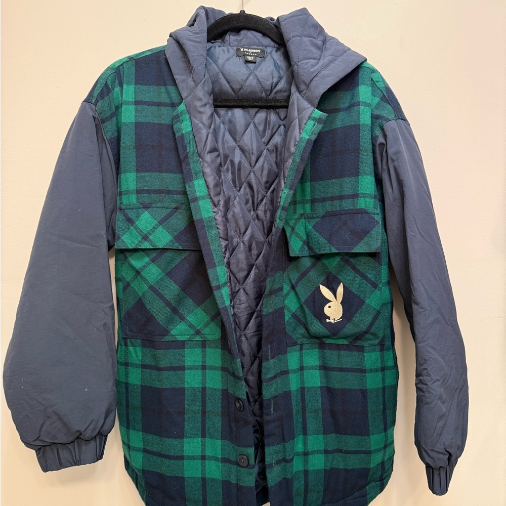 Playboy by Pacsun Plaid Puffer Jacket - Green and Navy